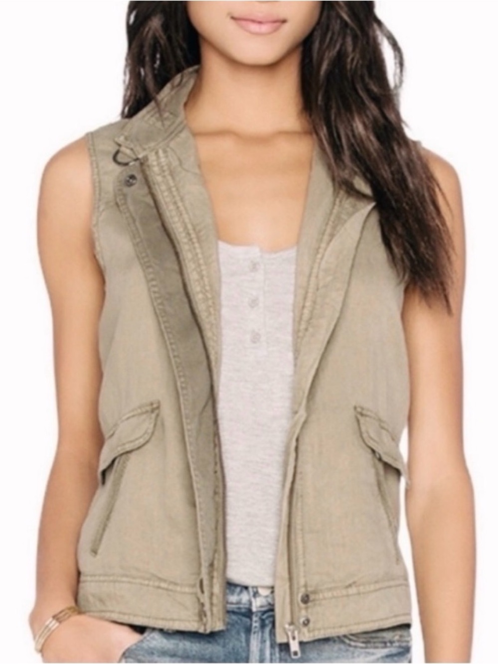Michael Kors 100% Linen Military Utility Vest Safari Tan Zippers Layering